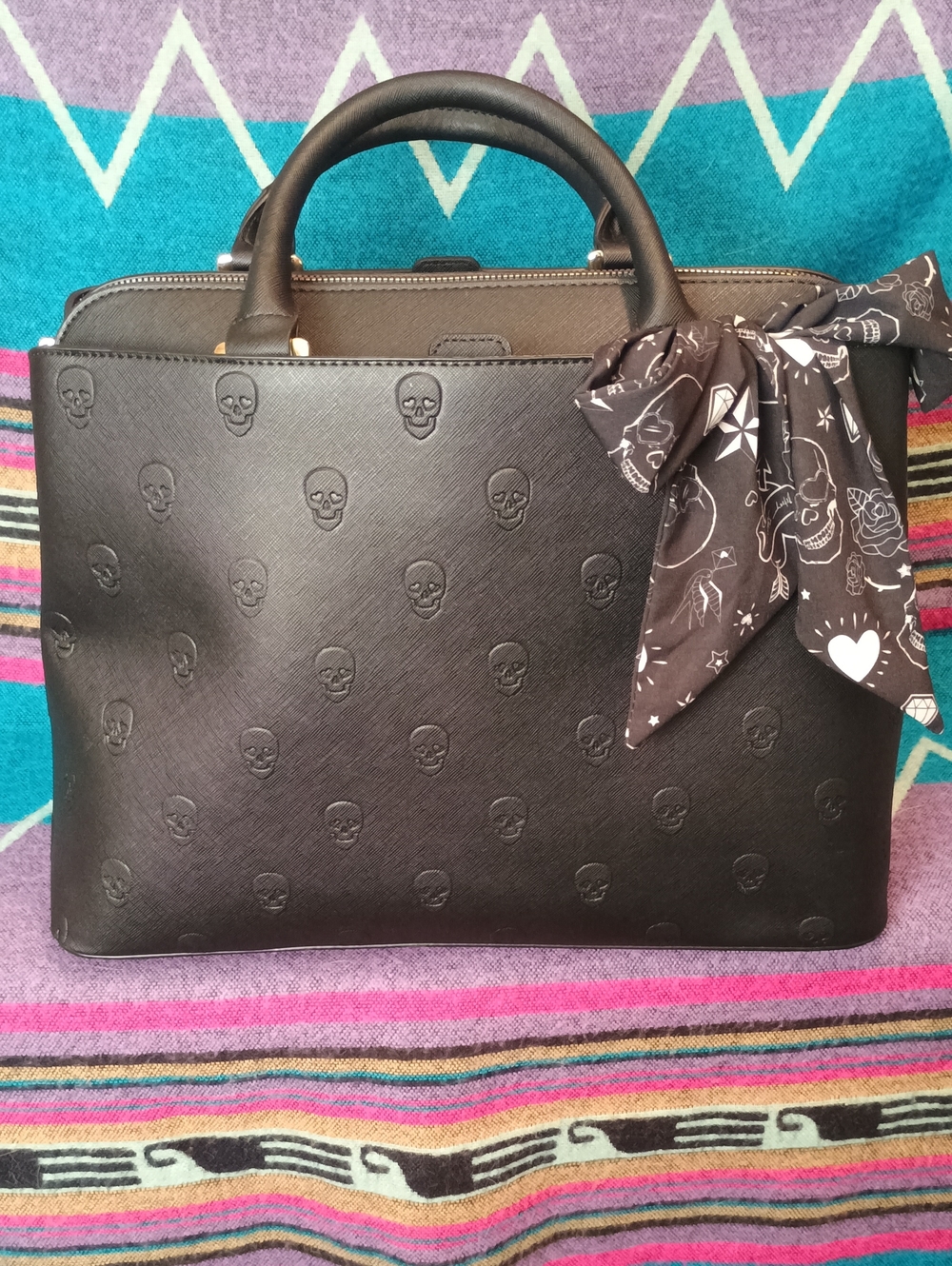 Betsey Johnson Black Embossed Skull Satchel with Scarf Accent